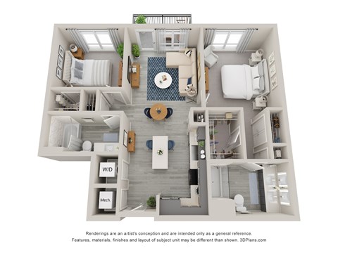 Floor plan for 2 beds, 2 baths, 1010 sqft